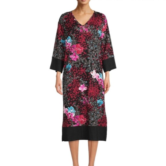Natori Women's Midi Dress Size L 12/14 Floral Geisha V-Neck 3/4 Sleeve Stretch - Picture 1 of 10